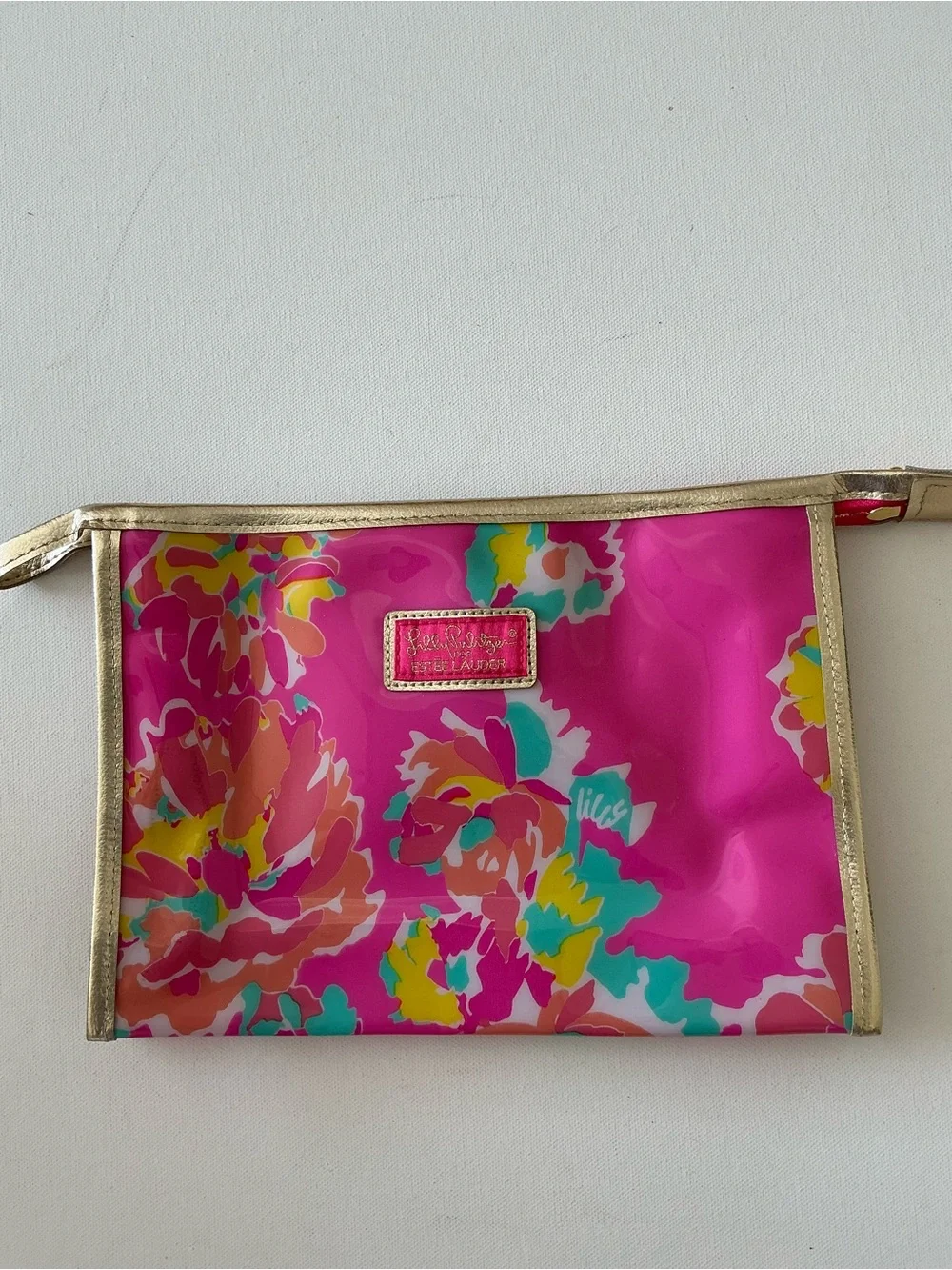 Lilly Pulitzer Hot Pink Floral Vinyl Pouch with Gold Trim